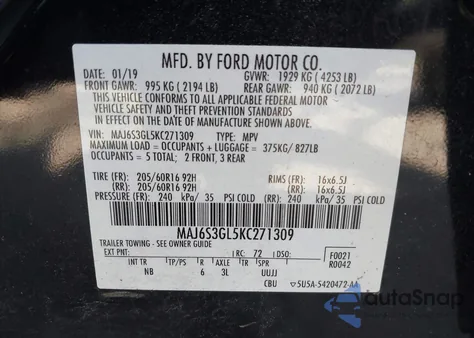2019 Ford Ecosport Se z USA, uszkodzony, nr VIN MAJ6S3GL5KC271309